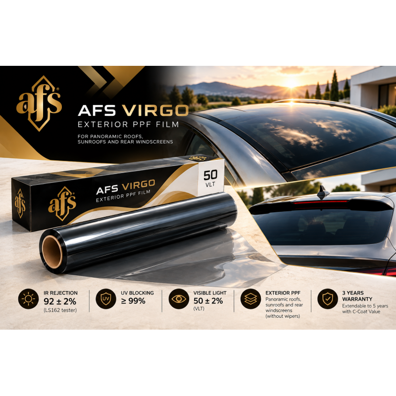 AFS VIRGO 50 – външно фолио за панорамен покрив 50% VLT AFS VIRGO 50 външно слънцезащитно фолио за панорамен покрив и задно автомобилно стъкло